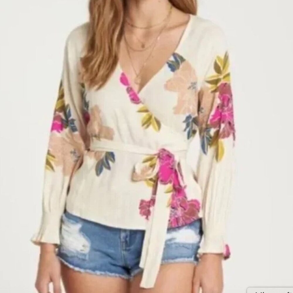 NEW Printed Floral Wrap Blouse Small CREAM MULTICOLOR Boho Pink Billabong NWT